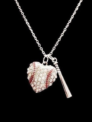 Crystal Baseball Heart Bat Softball Mom Gift Sports Charm Necklace