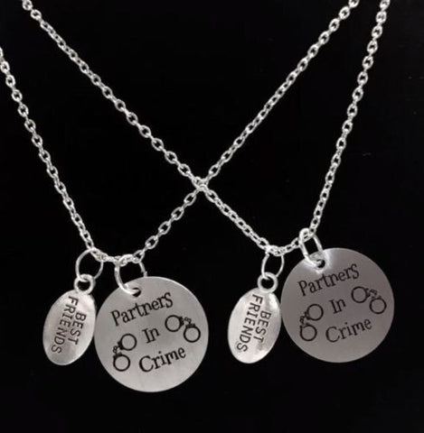 2 Necklaces Partners In Crime Handcuff Best Friend Couple's BFF Sisters Set