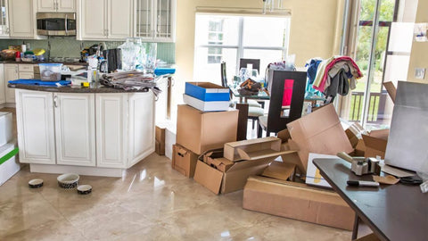 A kitchen entryway with a pile of boxes on the right and piles of paper on the counter to the left.