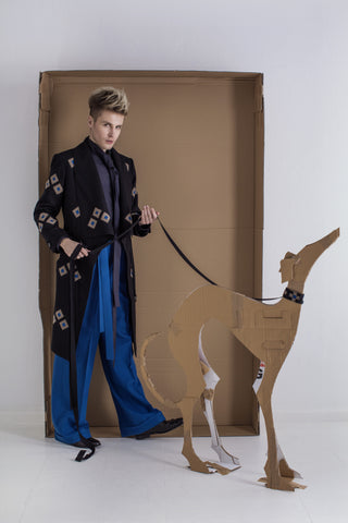 Art Déco Fashion Style for men, frock coat with art déco peacock pattern, luxurious bespoke tailoring made in Berlin, greyhound dog