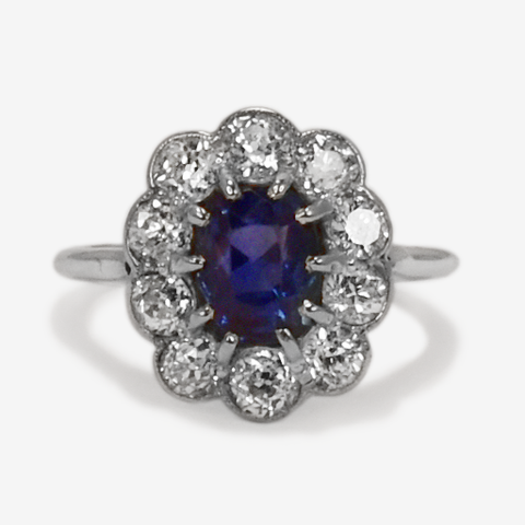 Art Deco, Sapphire, Old Cut, Diamond, Cluster Ring, engagement, Friar House