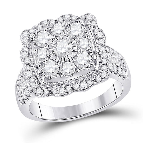 14kt White Gold Womens Round Diamond Square Flower Cluster Ring 2 Cttw