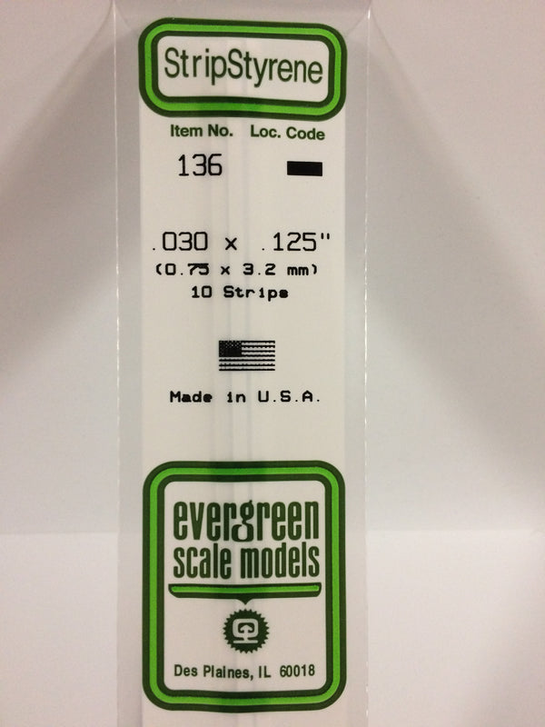 of 10 Item #134 Evergreen Scale Models Styrene Strips .030 x .080 14" Long Pkg 