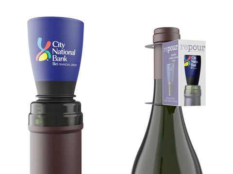 repour custom branded wine preservation stopper in color on indigo blue wine 