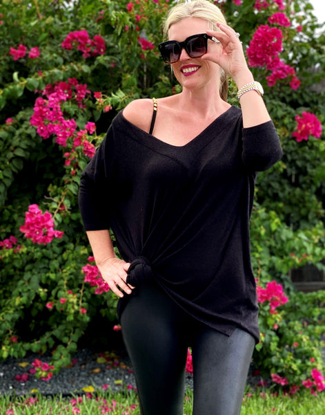 wide V neck black sweater