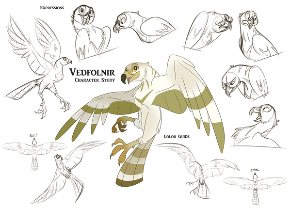 Vedfolnir Character Study illustration by Kathryn Massey.  Vedfolnir is Odur's companion.  Vedfolnir is also the hawk that sits between the Eagle's eyes on the tree Yggdrasil. Norhalla.com
