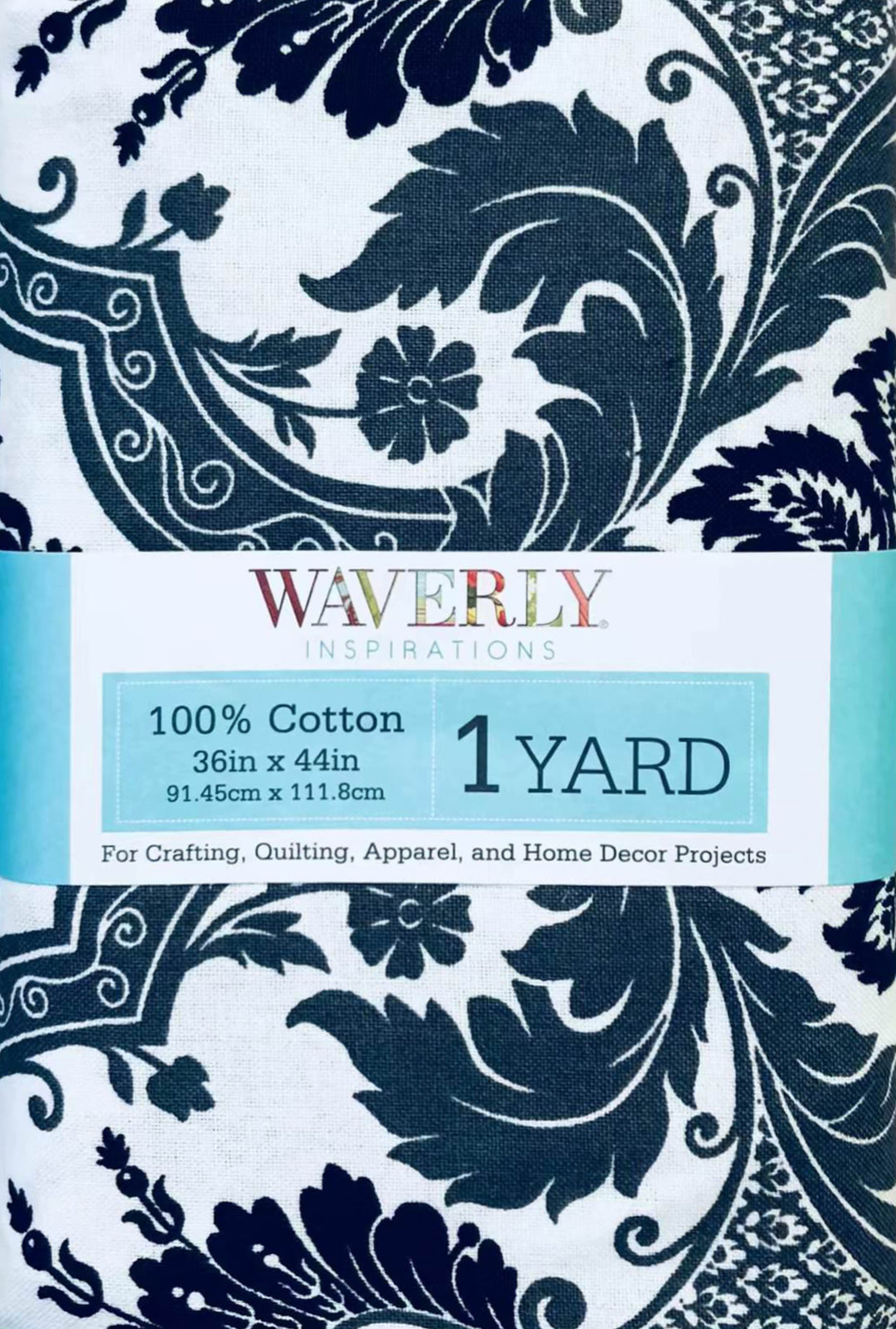Waverly Inspirations 44" x 1 Yard Cotton Precut Damask Onyx Color Sewing Fabric, 1 Each