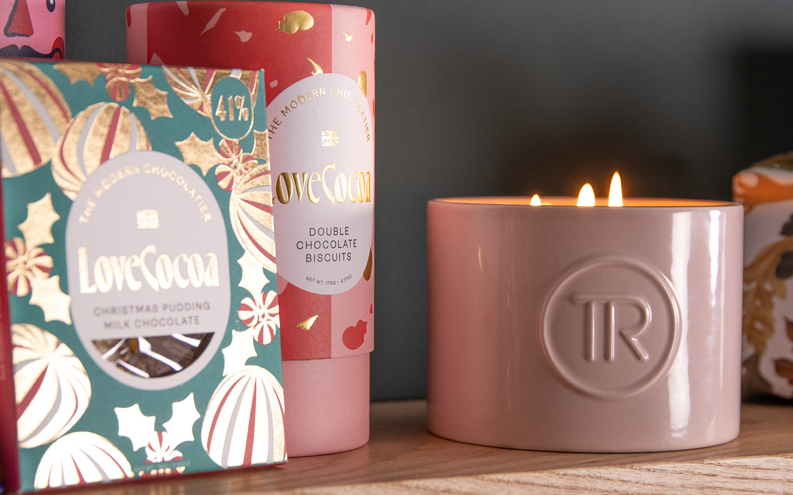 tom raffield candle and lovecocoa chocolate