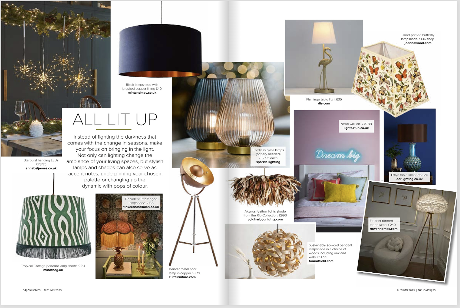 Page 34-35 of the Autumn 2023 issue of OX Homes, featuring our No. 1 Pendant.