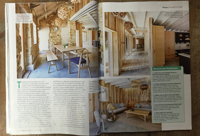 A two-page magazine spread showing rooms in Tom Raffield's home of steam-bent wood.