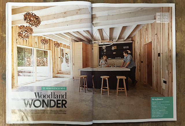 A magazine double spread of Tom and Danie Raffield in their kitchen.