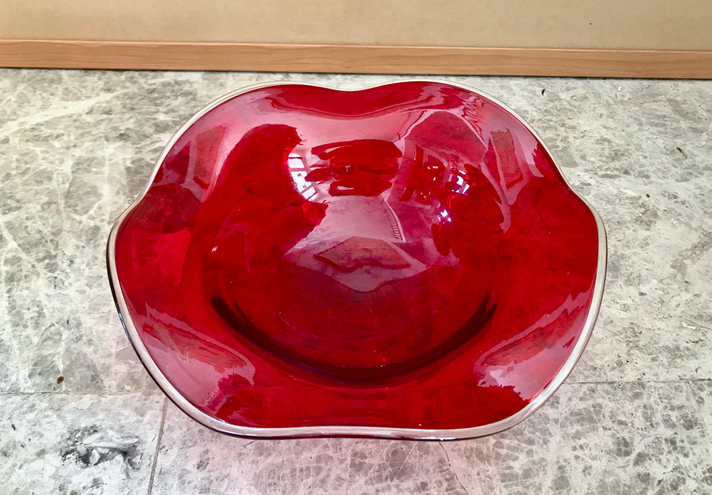 Murano Style Ruby Red Cased Art Glass 9 Pedestal Bowl With Ruffled Ed Nature Land Candles