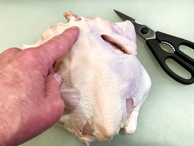 Photo of a whole raw chicken with a finger pointing at the backbone