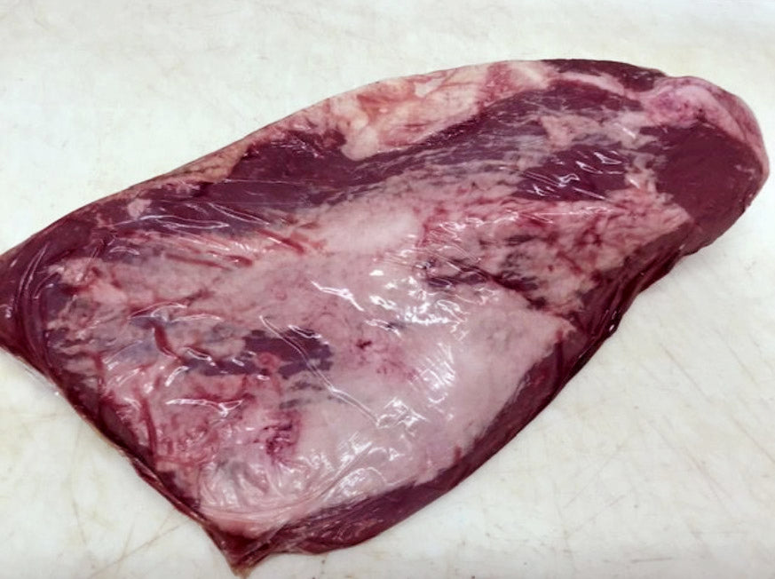 Photo of raw beef brisket with the fat side up