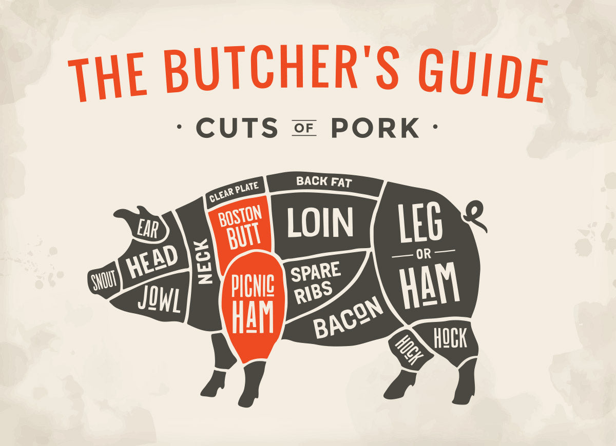 Chart detailing all the butcher cuts of a pig with the pork shoulder highlighted