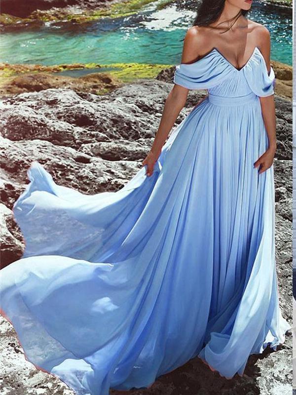 Cheap Blue Off Shoulders Flowy Chiffon Beach Wedding Dressvestido De Dolly Gown 7629