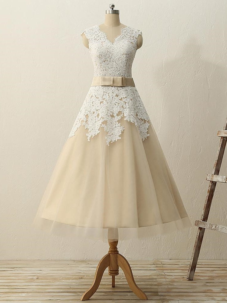 Champagne Tea Length Wedding Dress Tea Length Bridal Gown 50s Style Wedding Dressws068 9778