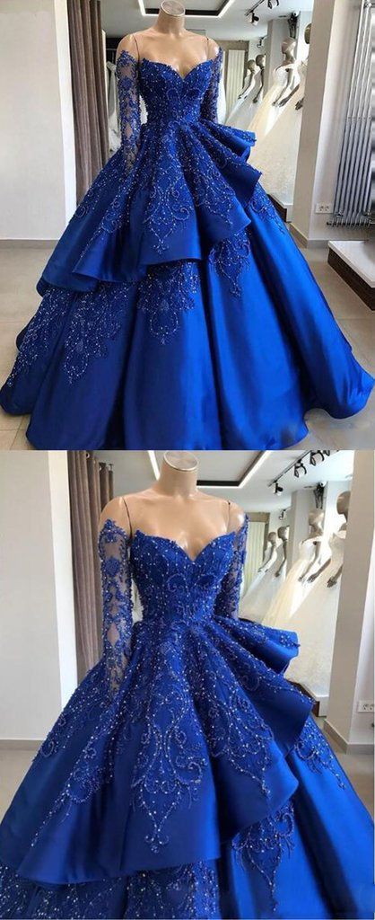 Delicate Sparkly Beading Ball Gown Satin Royal Blue Prom Dress with Sl â Dolly Gown