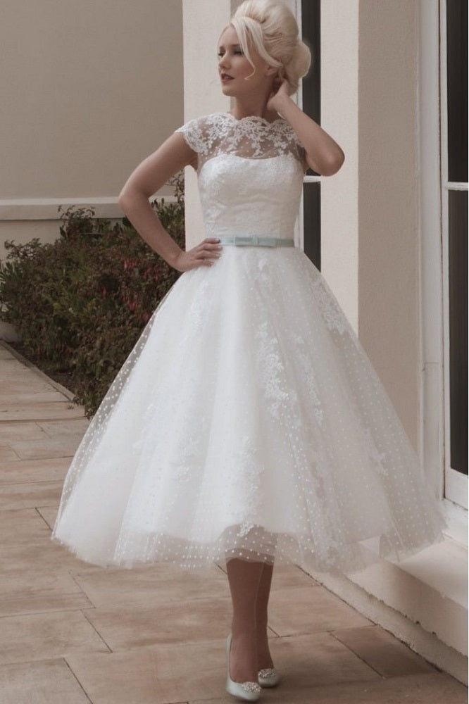 White Tea Length Lace Retro Wedding Dress, Polka Dot Tea