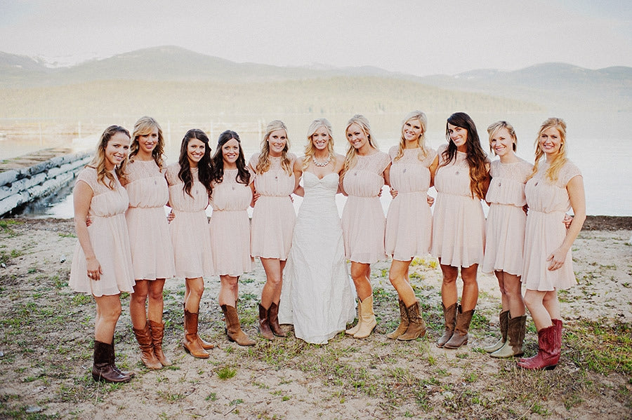 long bridesmaid dress with cowboy boots