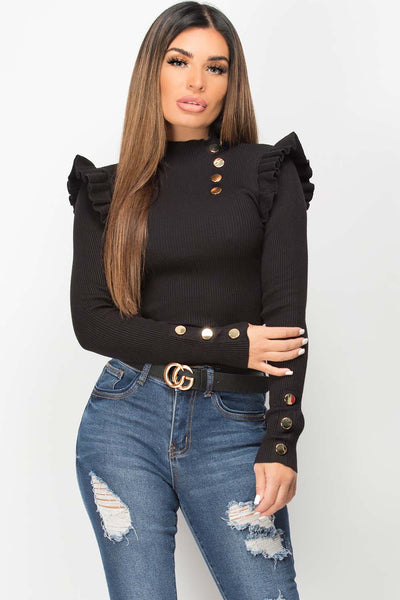 Black Rib Knit Jumper With Frill Gold Button Detail