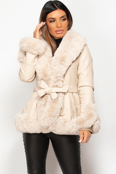 Womens Cream Faux Leather Faux Fur Belted Jacket – Styledup.co.uk