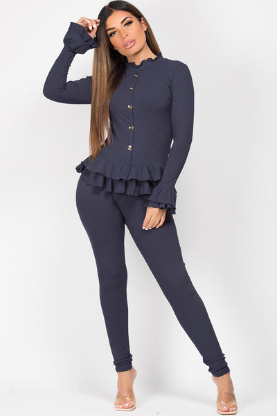 Frill Detail Button Front Loungewear Set Navy