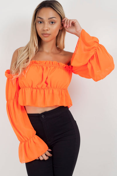 neon orange off the shoulder crop top