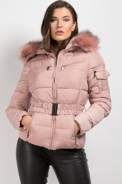 puffer coat with fur hood and belt