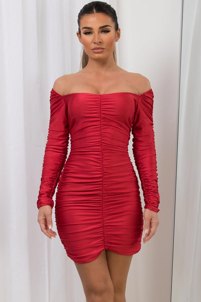 Red Satin Ruched Long Sleeve Dress Uk 9713