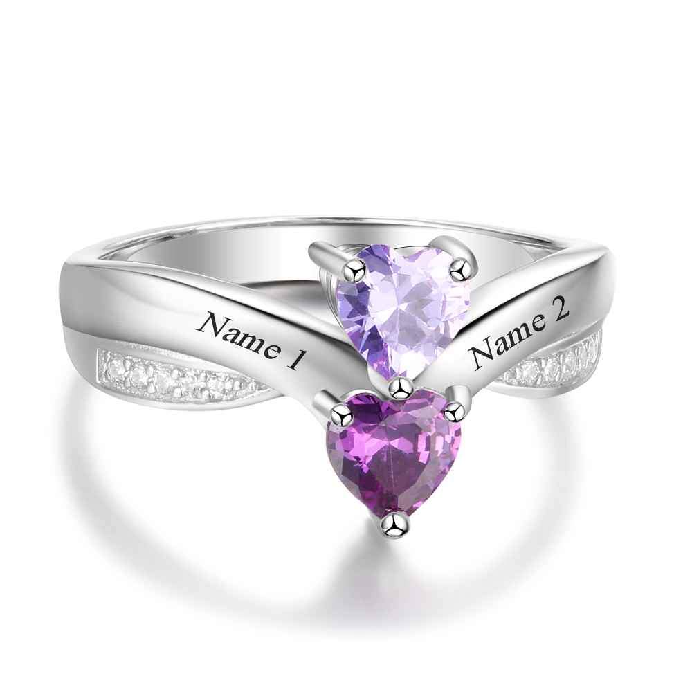 Aligned Hearts 925 Sterling Silver 2 Heart Birthstones And 3 Engravings Promise Rings