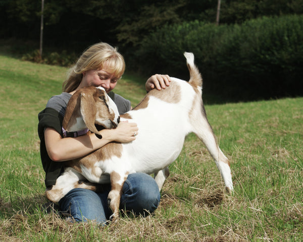 Amy with one of the goats, the Raw Soap Company