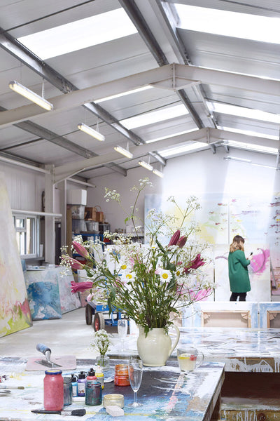 Paintings and flowers at Jessica Zoob's studio by Dorte Januszewski