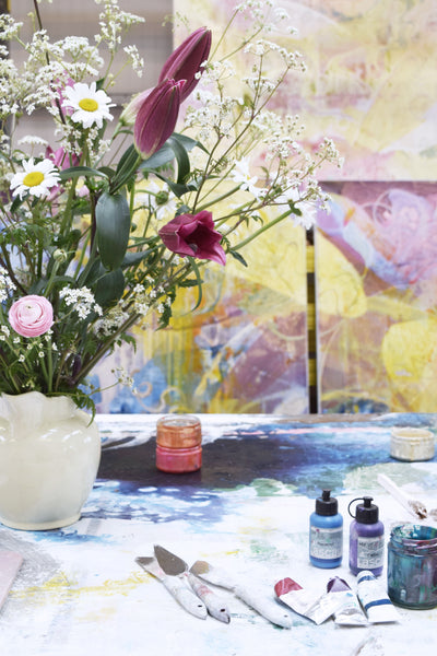 Flowers, paintings and tools at Jessica Zoob's studio by Dorte Januszewski