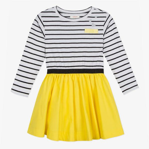 Two material striped knit and yellow poplin dress