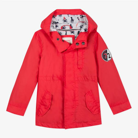 Rubberized parka with coated red hood