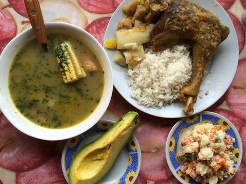 Sancocho, home-grown chicken, avocado from the farm and salad.