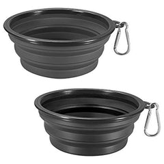 Two dark colored dog water bowls with light colored clips attached to them | Bubu Brands