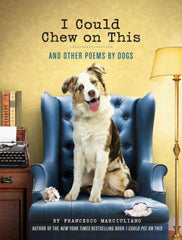 A book called i could chew on this. With a multi colored dog sitting on a blue velvet chair. | Bubu Brands 