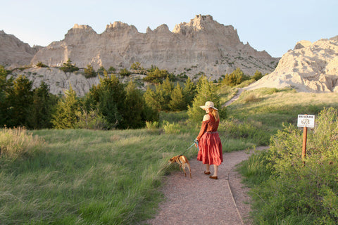 Top 10 Pet-Friendly Travel Destinations in the US | A dark colored dog walking on leash with owner facing away from the camera walking toward the badlands | Bubu Brands