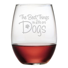 15 Perfect Gifts to get a Dog Lover | A clear glass with dark wine glass that says the best things in life are dogs | Bubu Brands 