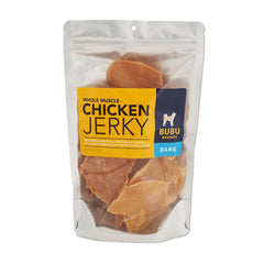 A bag of chicken jerky with a bright label on it saying chicken jerky bubu brands | Bubu Brands