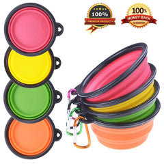 Four bright collapsible dog bowls with links attached to them | Bubu Brands