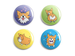 4 multi-colored magnets all with different images of a cartoon corgi