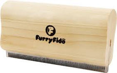 A light colored dog brush with a wood handle that says furryfido | Bubu Brands