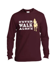 15 Perfect Gifts to get a Dog Lover | A dark colored long sleeve t shirt that has a light colored dog and writing that says never walk alone | Bubu Brands