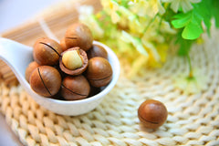 A tablespoon of dark macadamia nuts on a light colored table | Bubu Brands