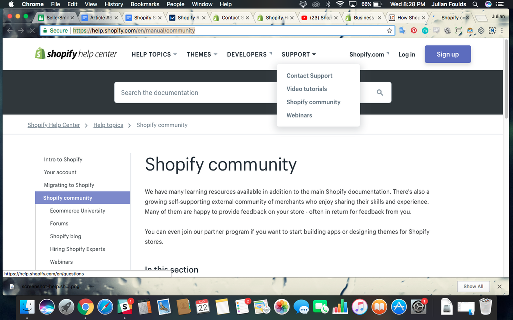 shopify support menu