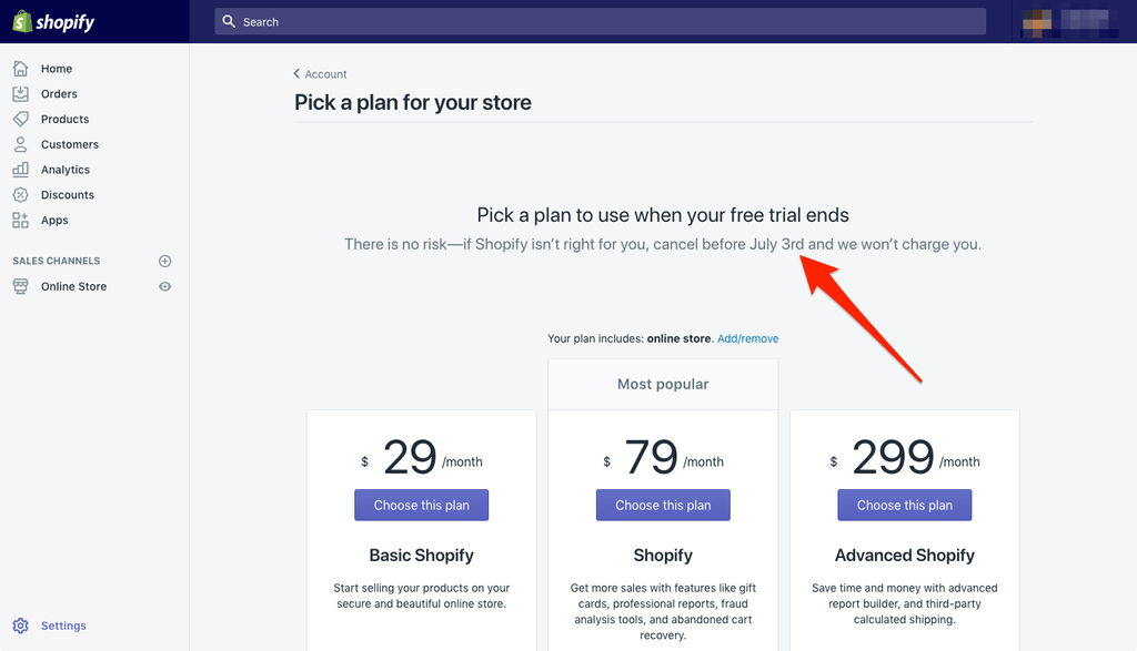 shopify plan is charged at end of shopify trial