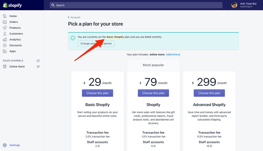 your shopify plan is clearly displayed